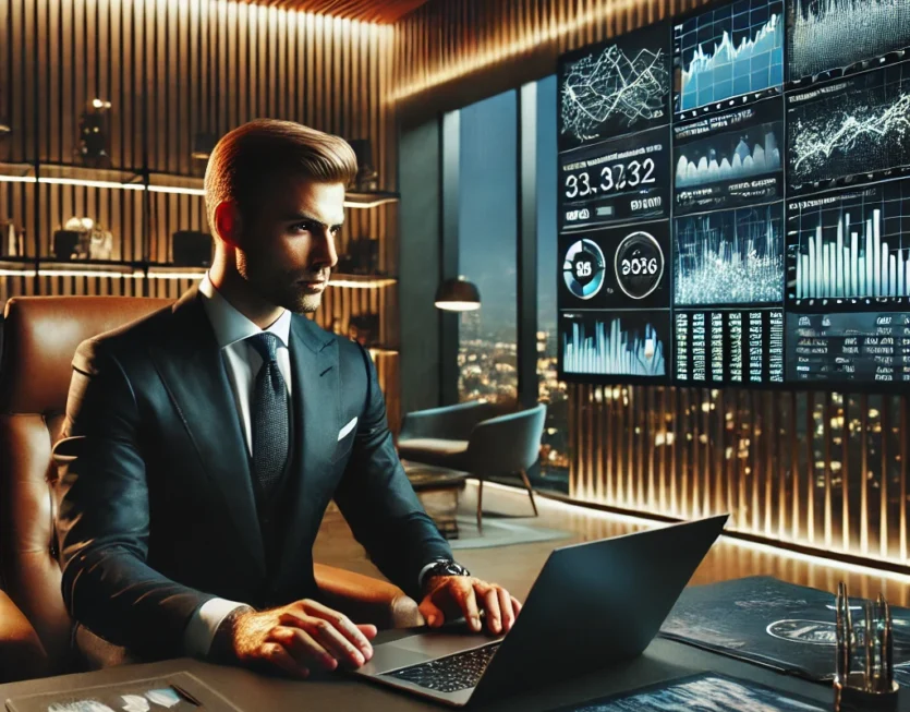 DALL·E 2025-02-06 16.34.57 - A CEO sitting in a high-end modern office, intensely focused on business analytics displayed on his laptop. The laptop screen showcases detailed finan DALL·E 2025-02-06 16.34.57 - A CEO sitting in a high-end modern office, intensely focused on business analytics displayed on his laptop. The laptop screen showcases detailed finan