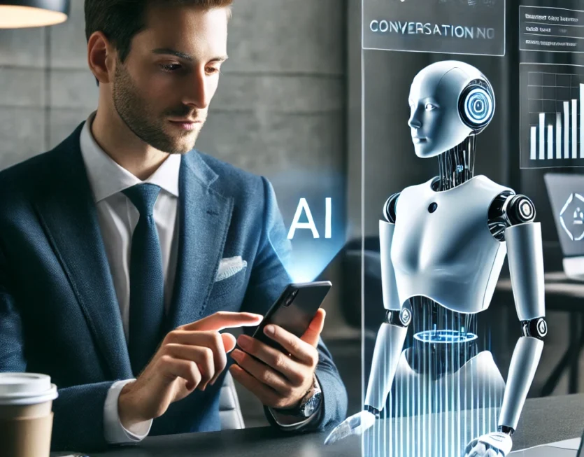 DALL·E 2025-02-06 18.31.32 - A professional businessman using his smartphone for digital banking while interacting with a bank's Conversational AI. A futuristic, humanoid AI robot DALL·E 2025-02-06 18.31.32 - A professional businessman using his smartphone for digital banking while interacting with a bank's Conversational AI. A futuristic, humanoid AI robot